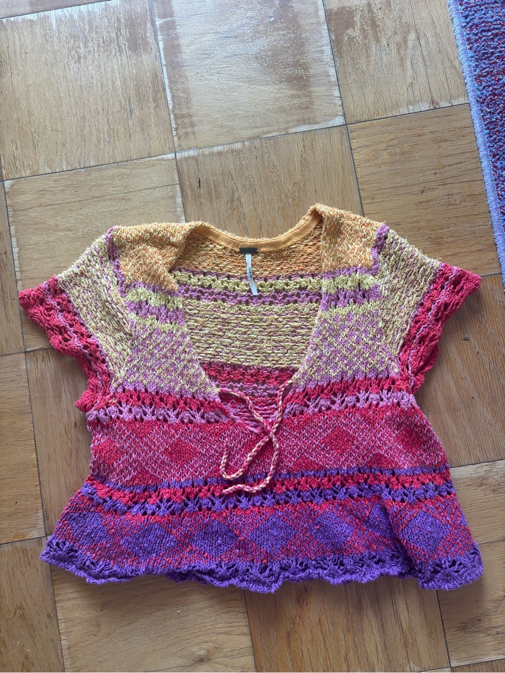 Crochet Tie-Front Top in Pink, Purple & Yellow